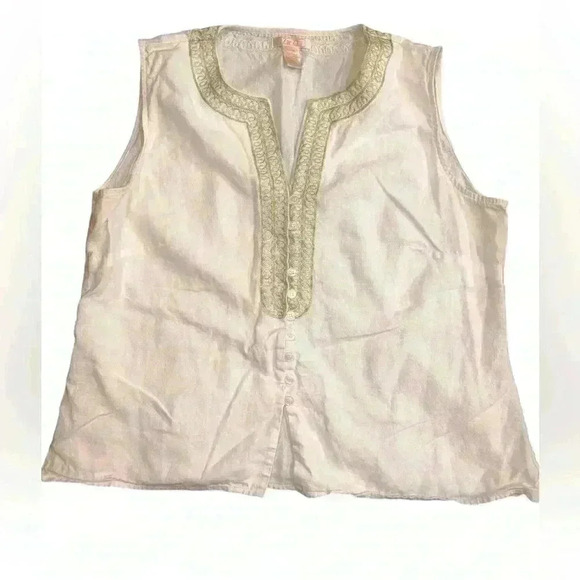 Zoe D Linen Blend Top Women XL Cream Green Embroidered Boho Peasant - Picture 2 of 5